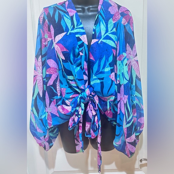 Colleen Lopez Floral Tie-Front multicolor Blouse - Picture 1 of 3